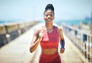 Confident woman in workout clothes
